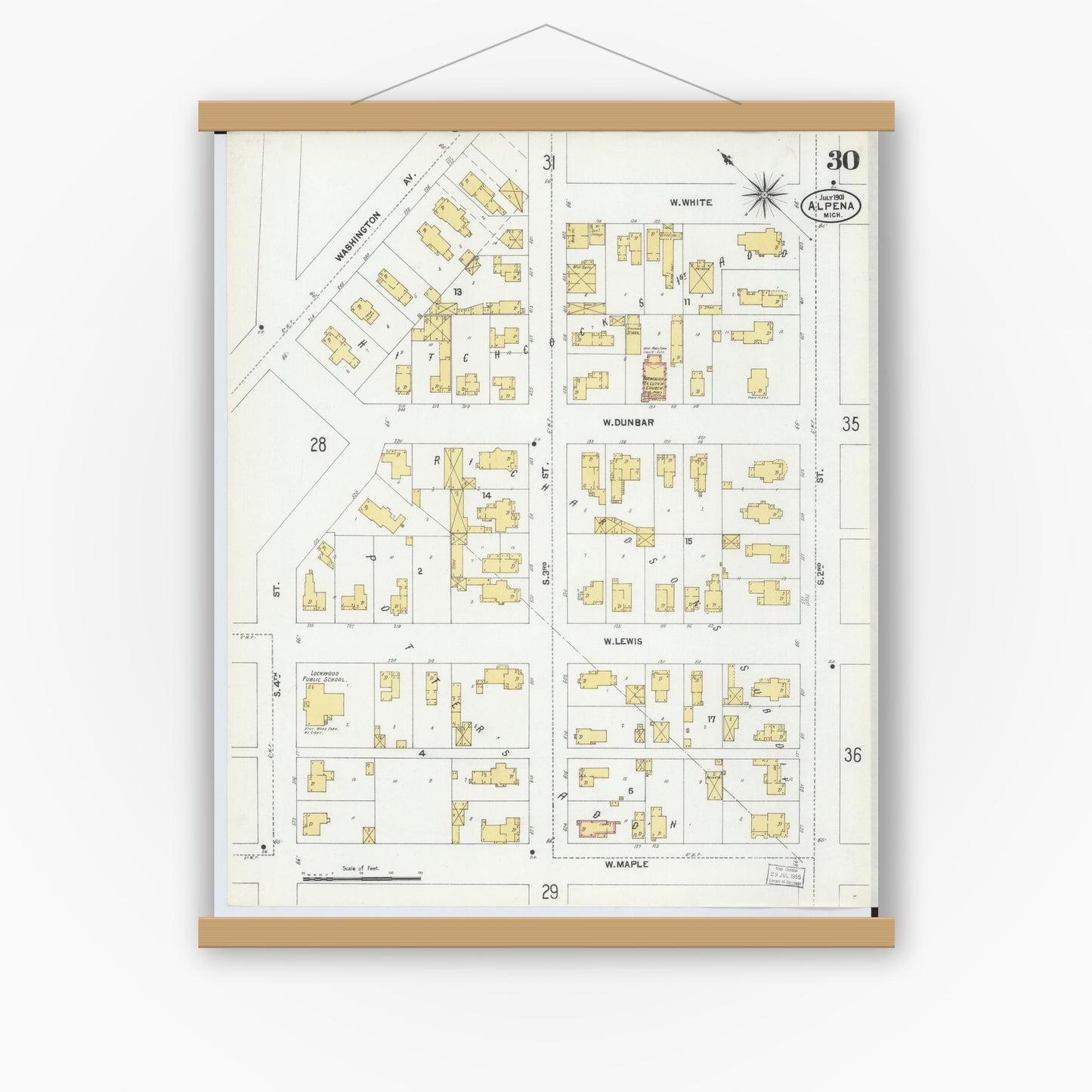 Old map wall art mockup — magnetic wood frame on white wall — Sanborn Fire Insurance Map from Alpena, Alpena County, Michigan (1901), Sheet #0030