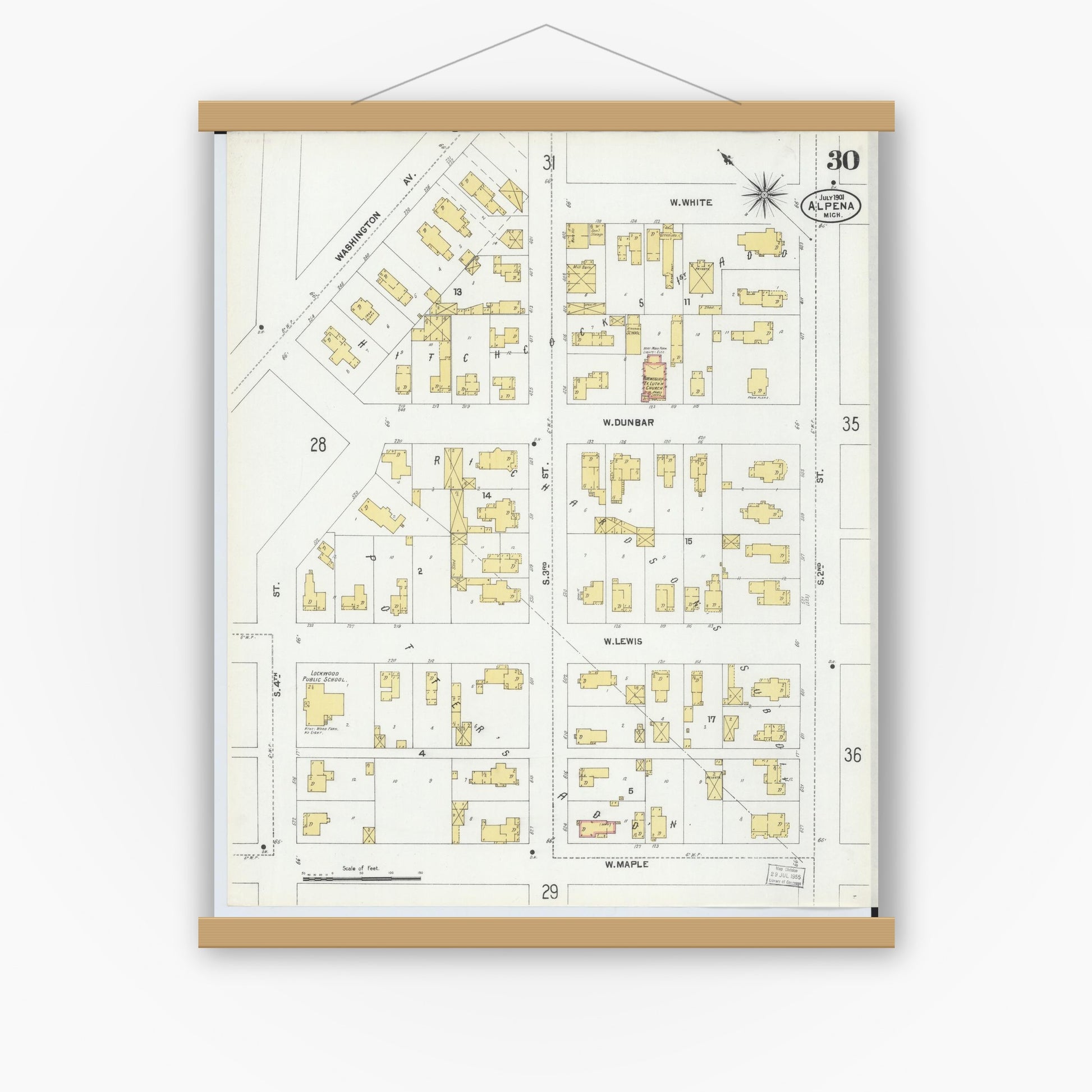 Old map wall art mockup — magnetic wood frame on white wall — Sanborn Fire Insurance Map from Alpena, Alpena County, Michigan (1901), Sheet #0030