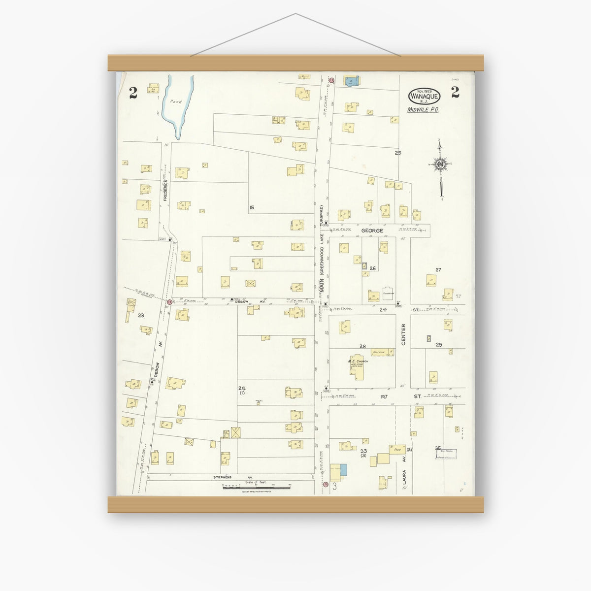 Old map wall art mockup — magnetic wood frame on white wall — Sanborn Fire Insurance Map from Wanaque, Passaic County, New Jersey (1923), Sheet #0002