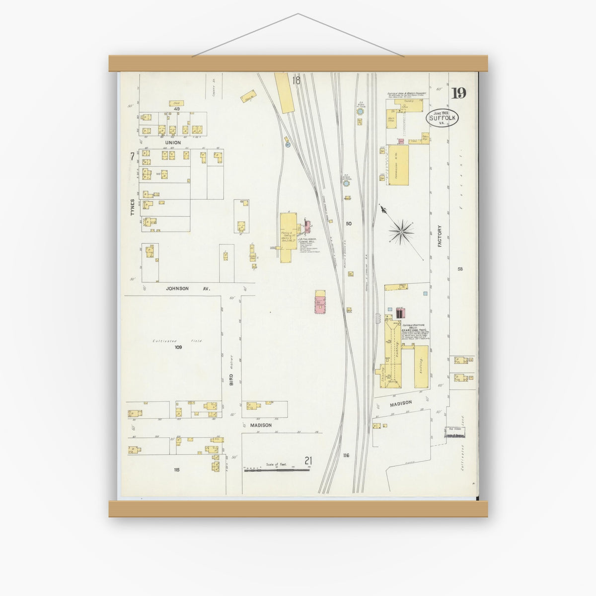 Old map wall art mockup — magnetic wood frame on white wall — Sanborn Fire Insurance Map from Suffolk, Independent Cities, Virginia (1903), Sheet #0019