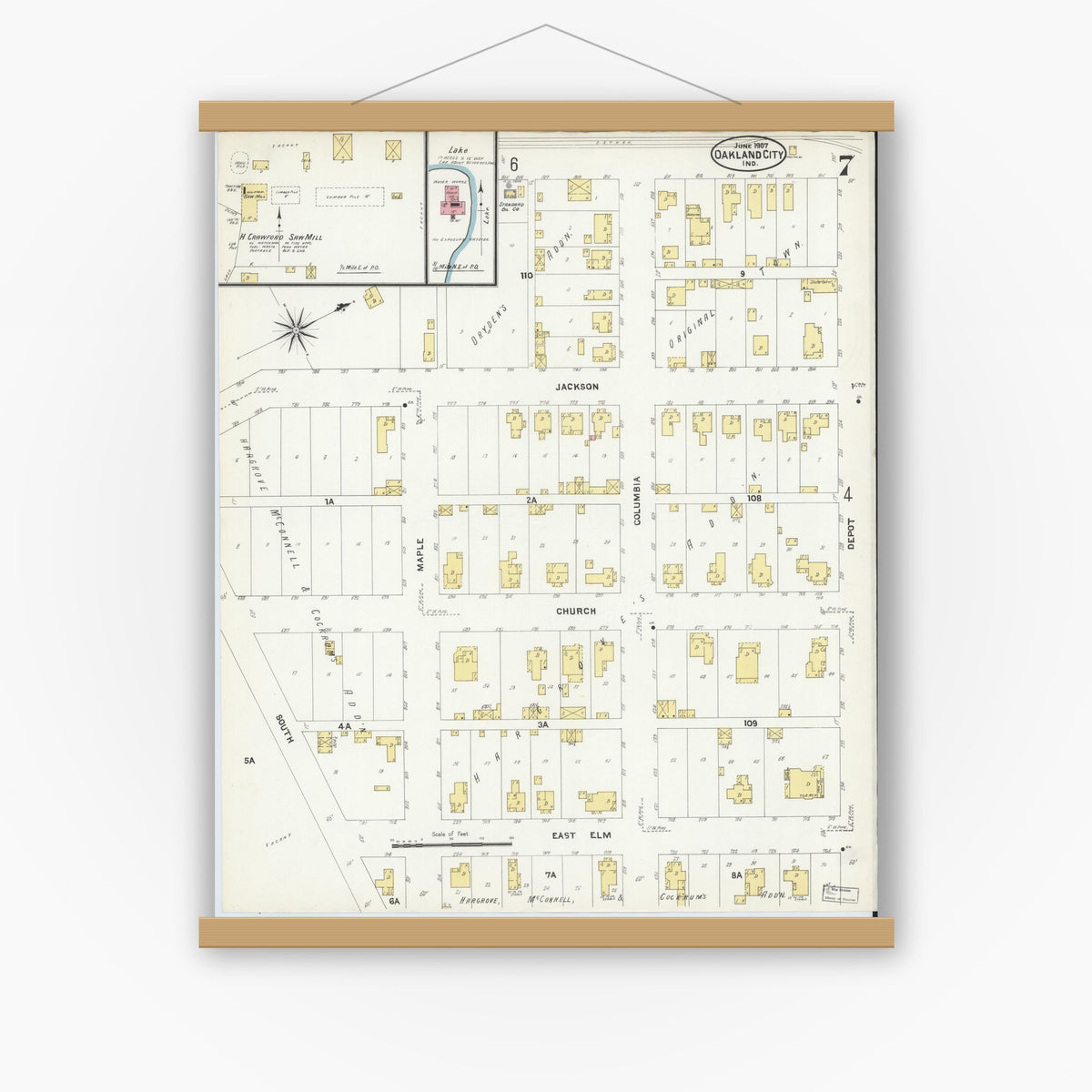 Old map wall art mockup — magnetic wood frame on white wall — Sanborn Fire Insurance Map from Oakland City, Gibson County, Indiana (1907), Sheet #0007