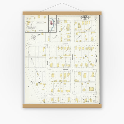 Old map wall art mockup — magnetic wood frame on white wall — Sanborn Fire Insurance Map from Oakland City, Gibson County, Indiana (1907), Sheet #0007