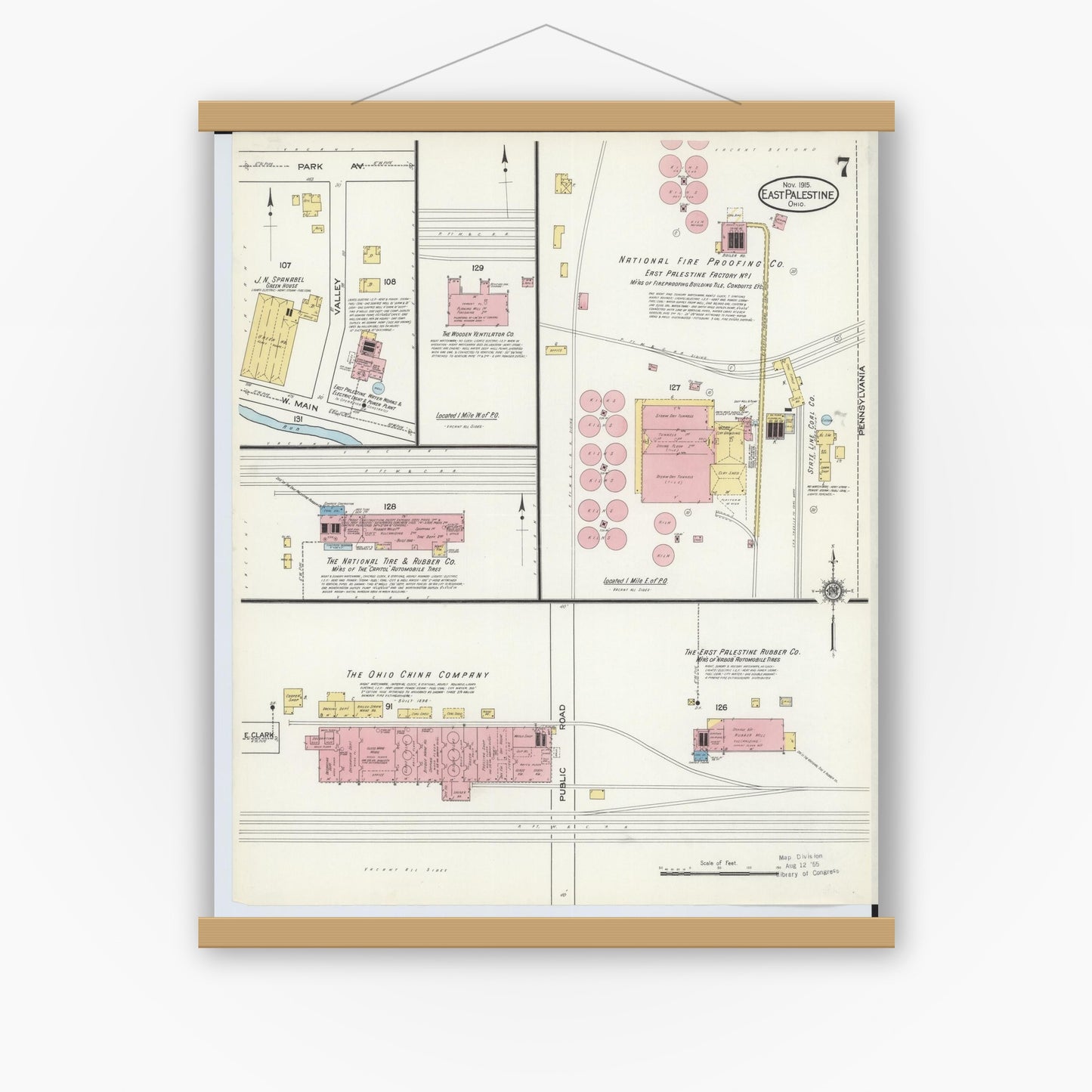 Old map wall art mockup — magnetic wood frame on white wall — Sanborn Fire Insurance Map from East Palestine, Columbiana County, Ohio (1915), Sheet #0007