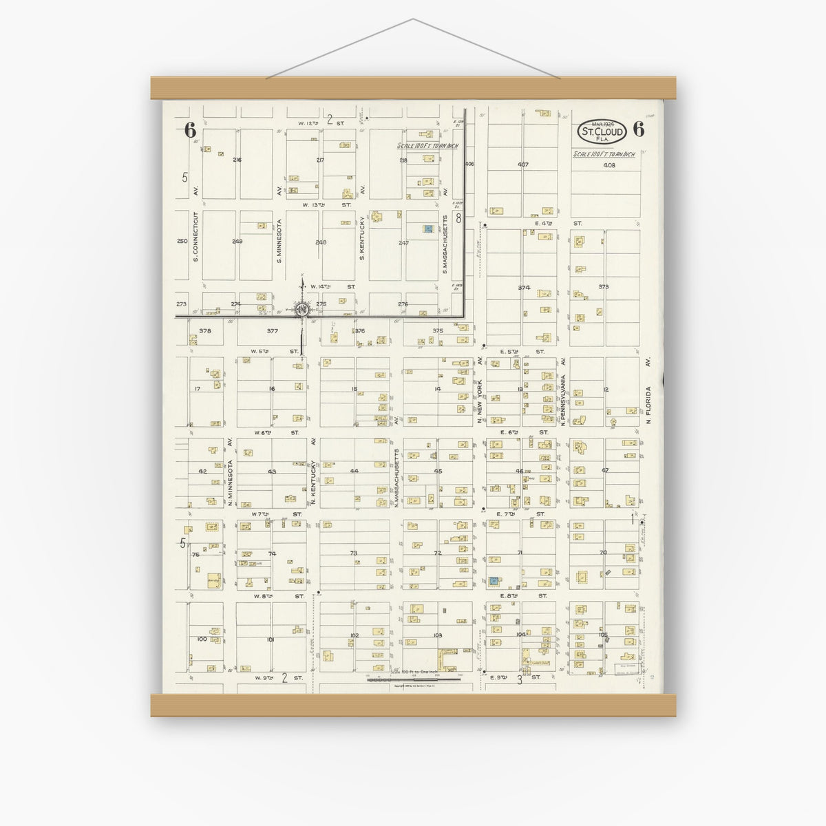Old map wall art mockup — magnetic wood frame on white wall — Sanborn Fire Insurance Map from Saint Cloud, Osceola County, Florida (1924), Sheet #0006