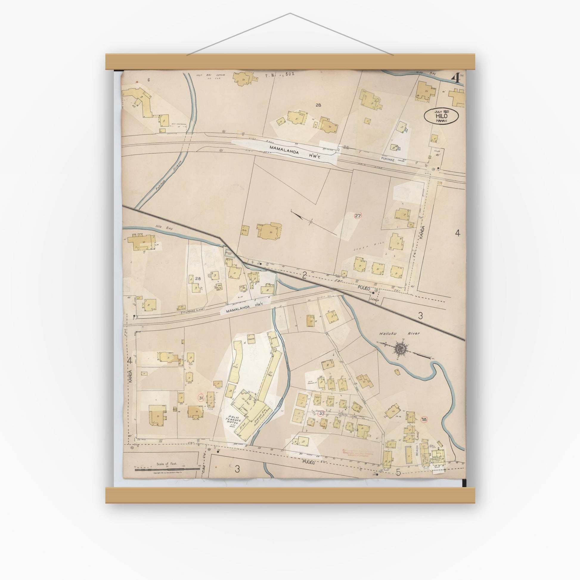 Old map wall art mockup — magnetic wood frame on white wall — Sanborn Fire Insurance Map from Hilo, Hawaii County, Hawaii (1957), Sheet #0004