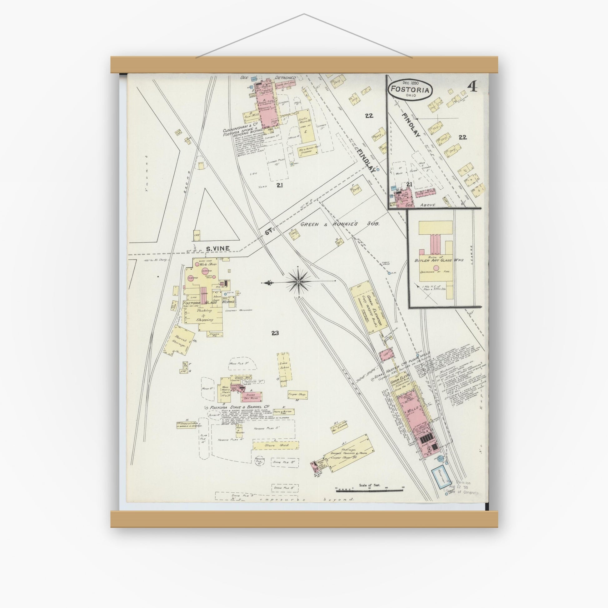 Old map wall art mockup — magnetic wood frame on white wall — Sanborn Fire Insurance Map from Fostoria, Seneca, Hancock, And Wood Counties, Ohio (1891), Sheet #0004