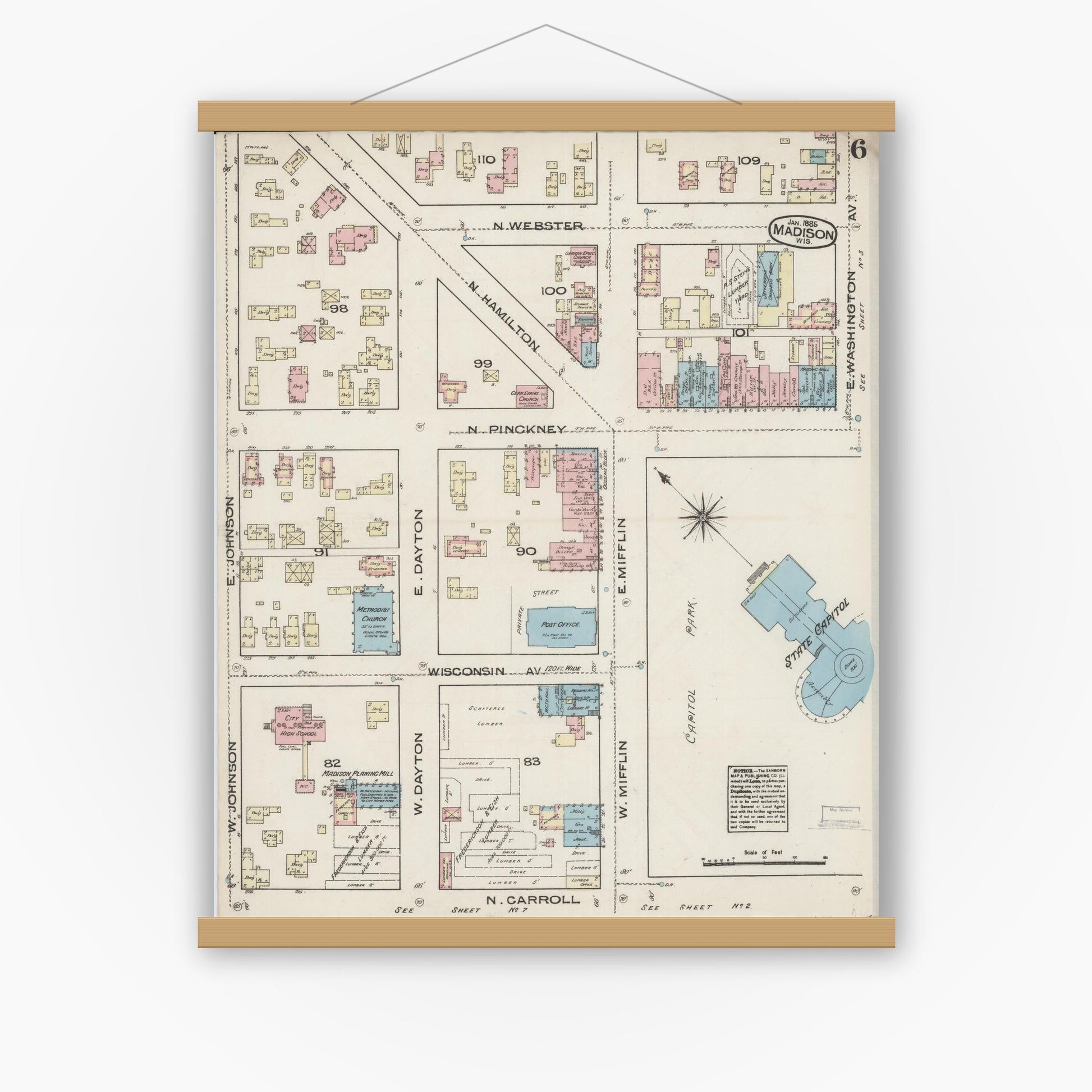 Old map wall art mockup — magnetic wood frame on white wall — Sanborn Fire Insurance Map from Madison, Dane County, Wisconsin (1885), Sheet #0006