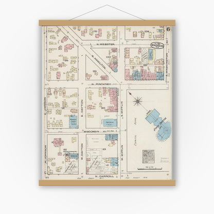 Old map wall art mockup — magnetic wood frame on white wall — Sanborn Fire Insurance Map from Madison, Dane County, Wisconsin (1885), Sheet #0006