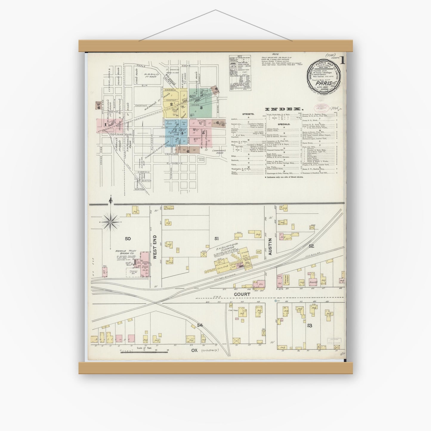Old map wall art mockup — magnetic wood frame on white wall — Sanborn Fire Insurance Map from Paris, Edgar County, Illinois (1890), Sheet #0001