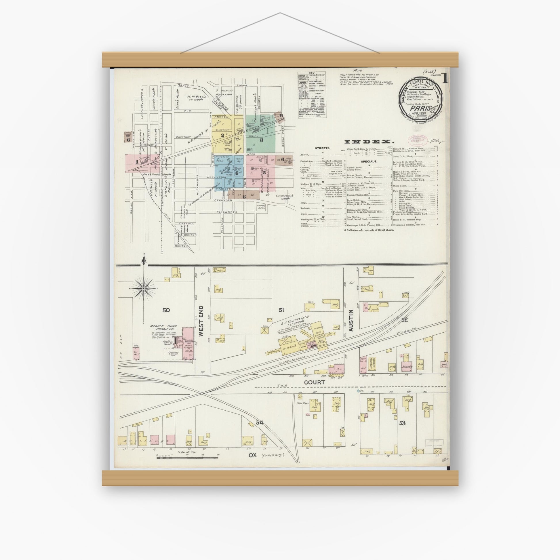 Old map wall art mockup — magnetic wood frame on white wall — Sanborn Fire Insurance Map from Paris, Edgar County, Illinois (1890), Sheet #0001