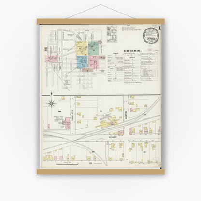 Old map wall art mockup — magnetic wood frame on white wall — Sanborn Fire Insurance Map from Paris, Edgar County, Illinois (1890), Sheet #0001