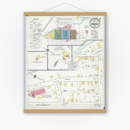 Old map wall art mockup — magnetic wood frame on white wall — Sanborn Fire Insurance Map from Dresden, Muskingum County, Ohio (1918), Sheet #0001