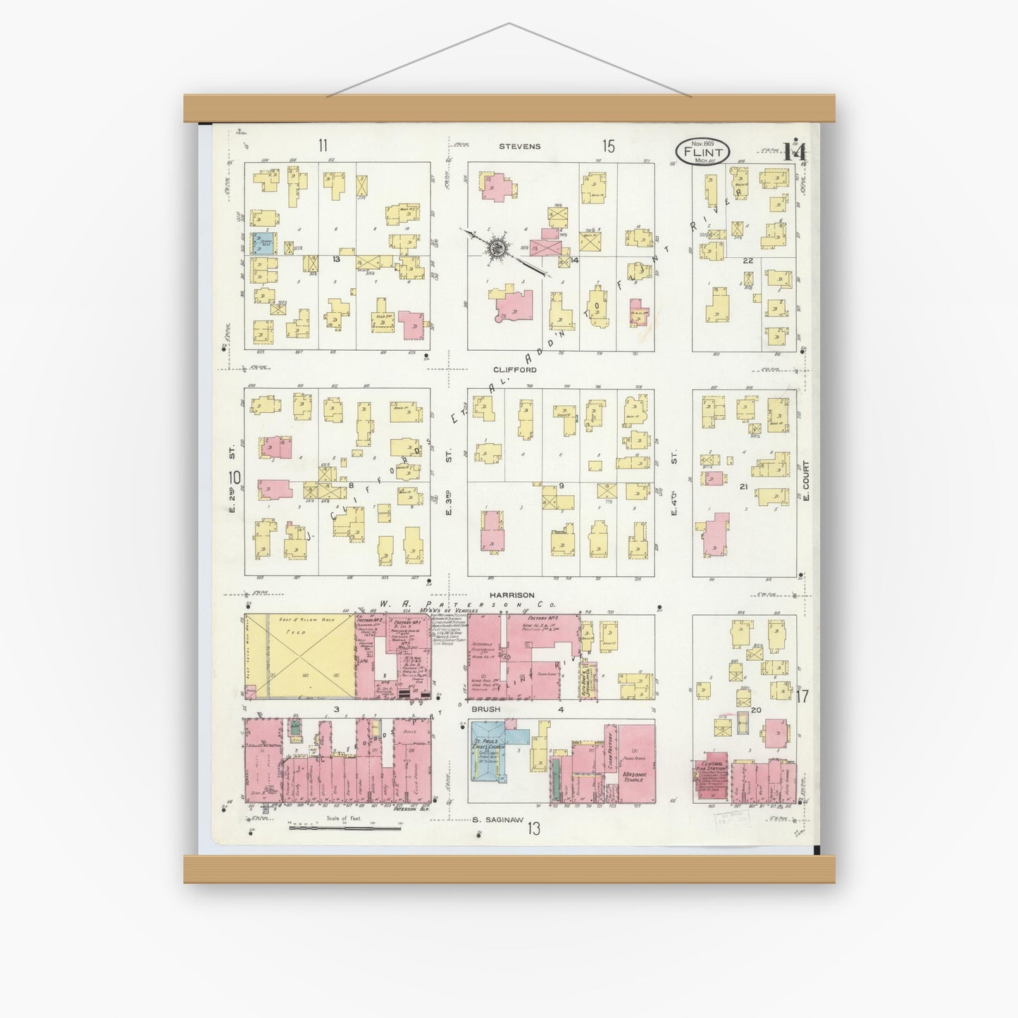 Old map wall art mockup — magnetic wood frame on white wall — Sanborn Fire Insurance Map from Flint, Genesee County, Michigan (1909), Sheet #0014