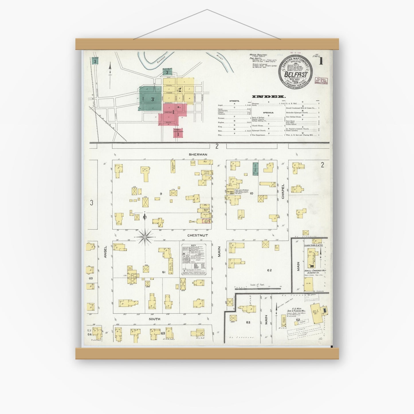 Old map wall art mockup — magnetic wood frame on white wall — Sanborn Fire Insurance Map from Belfast, Allegany County, New York (1909) - Complete Map Set