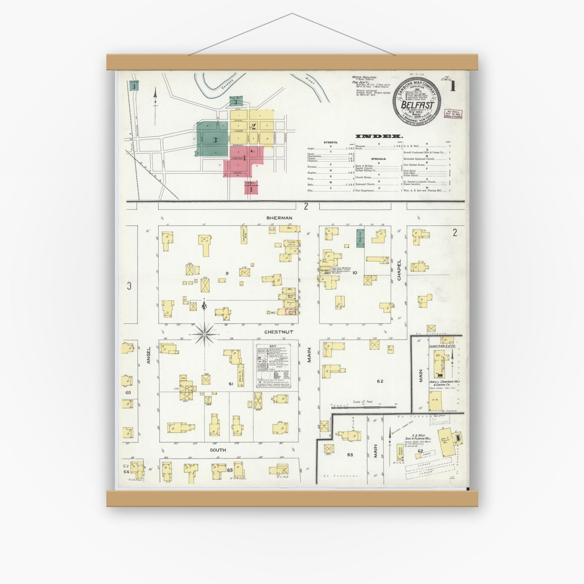 Old map wall art mockup — magnetic wood frame on white wall — Sanborn Fire Insurance Map from Belfast, Allegany County, New York (1909) - Complete Map Set