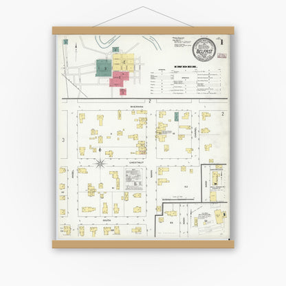 Old map wall art mockup — magnetic wood frame on white wall — Sanborn Fire Insurance Map from Belfast, Allegany County, New York (1909) - Complete Map Set