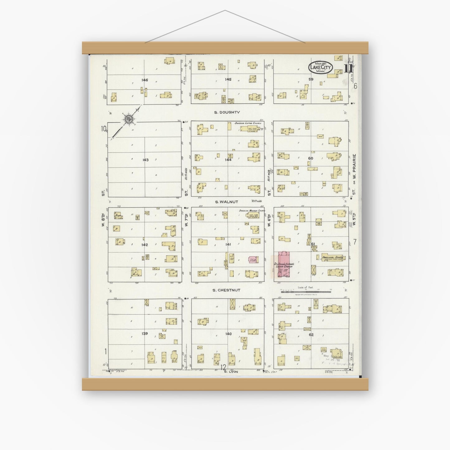 Old map wall art mockup — magnetic wood frame on white wall — Sanborn Fire Insurance Map from Lake City, Wabasha County, Minnesota (1921), Sheet #0011
