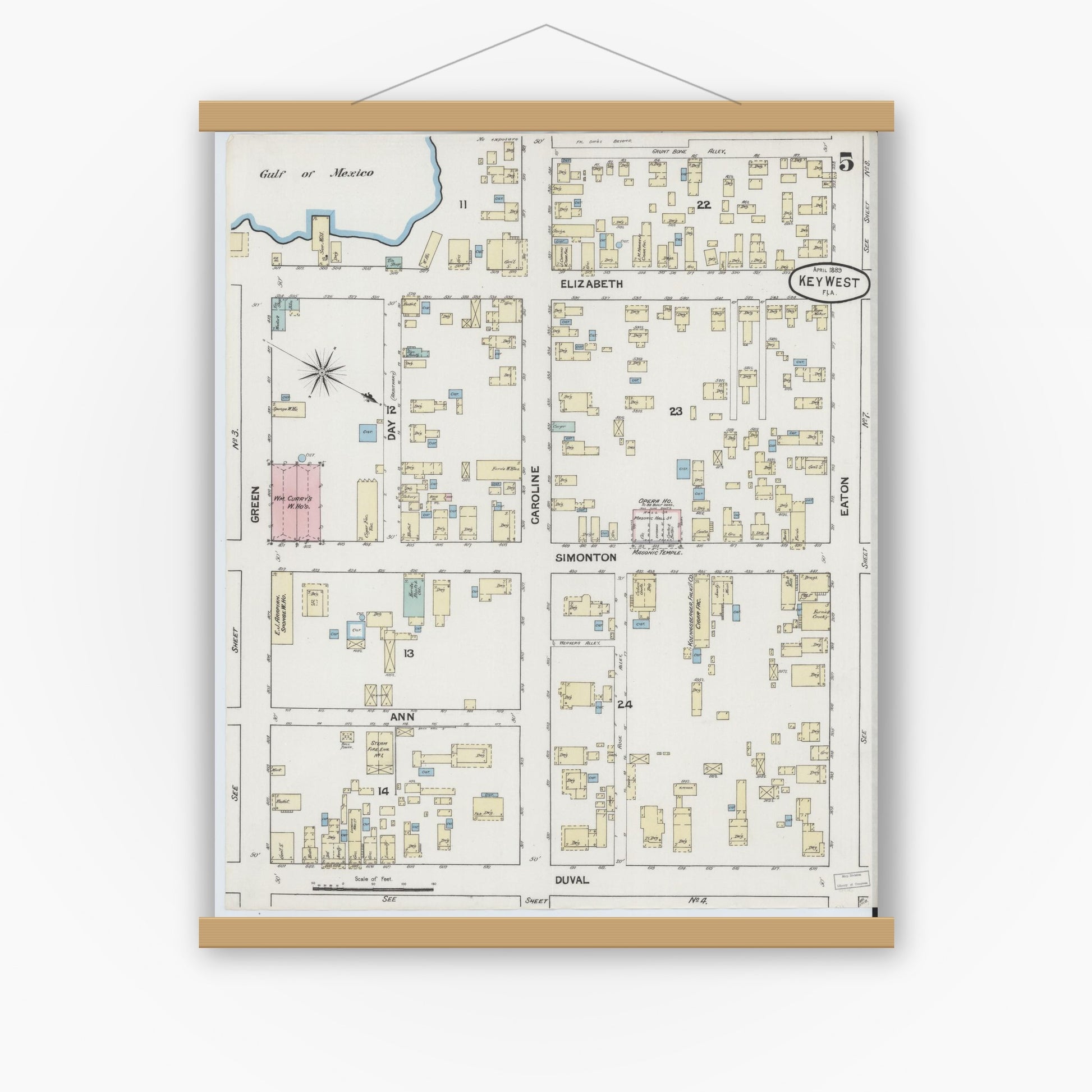 Old map wall art mockup — magnetic wood frame on white wall — Sanborn Fire Insurance Map from Key West, Monroe County, Florida (1889), Sheet #0005