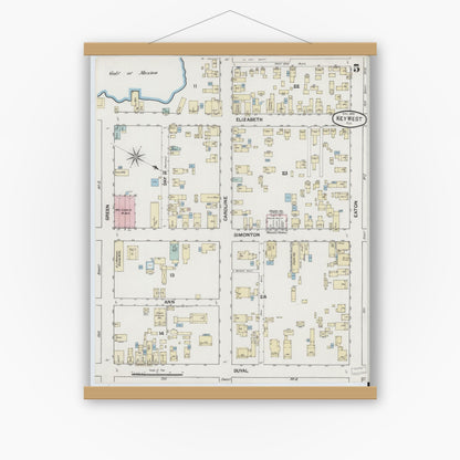 Old map wall art mockup — magnetic wood frame on white wall — Sanborn Fire Insurance Map from Key West, Monroe County, Florida (1889), Sheet #0005