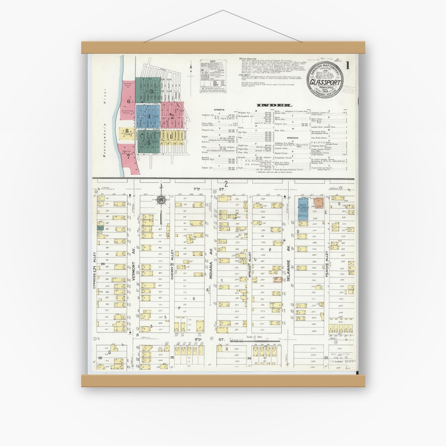 Old map wall art mockup — magnetic wood frame on white wall — Sanborn Fire Insurance Map from Glassport, Allegheny County, Pennsylvania (1909) - Complete Map Set