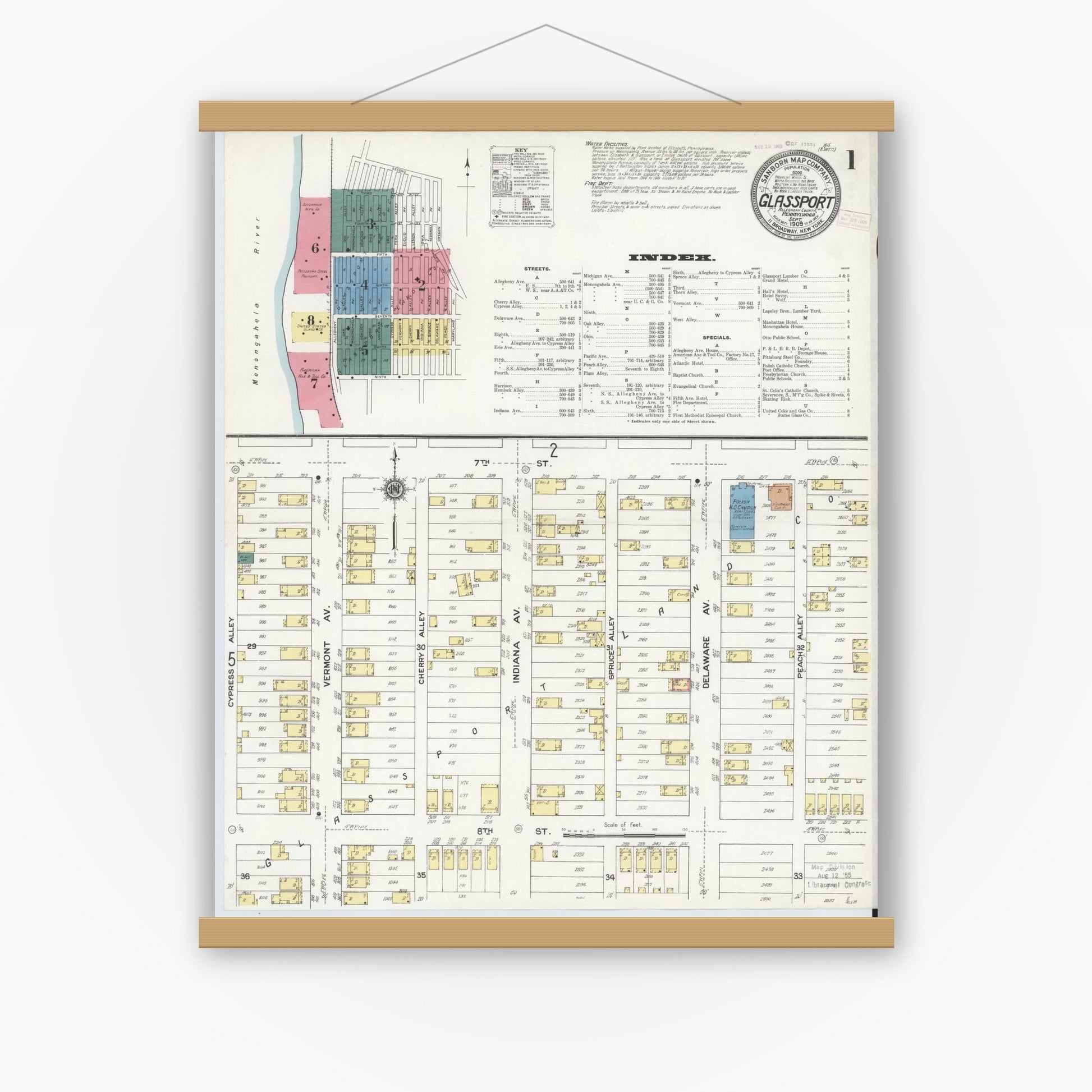 Old map wall art mockup — magnetic wood frame on white wall — Sanborn Fire Insurance Map from Glassport, Allegheny County, Pennsylvania (1909) - Complete Map Set