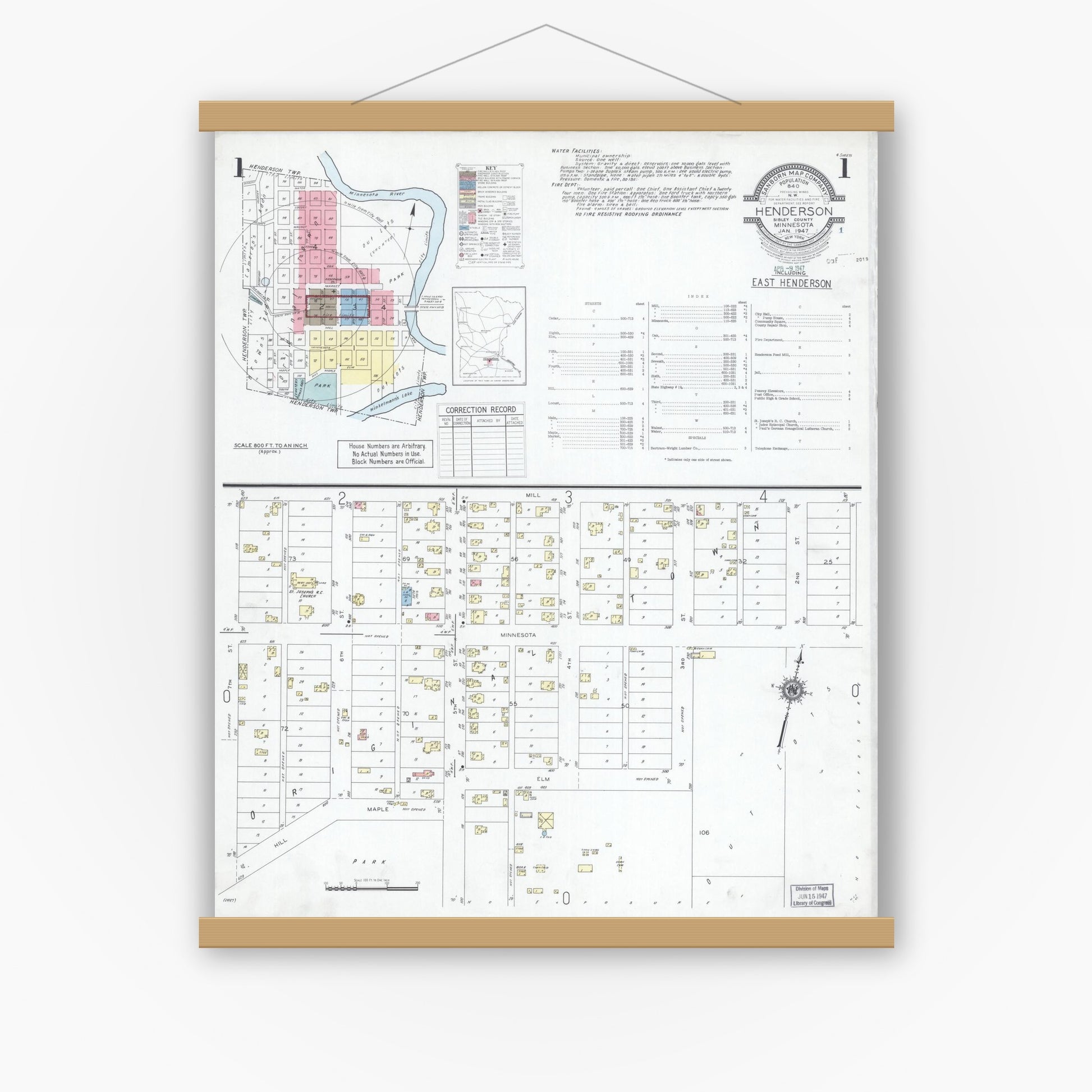 Old map wall art mockup — magnetic wood frame on white wall — Sanborn Fire Insurance Map from Henderson, Sibley County, Minnesota (1947), Sheet #0001