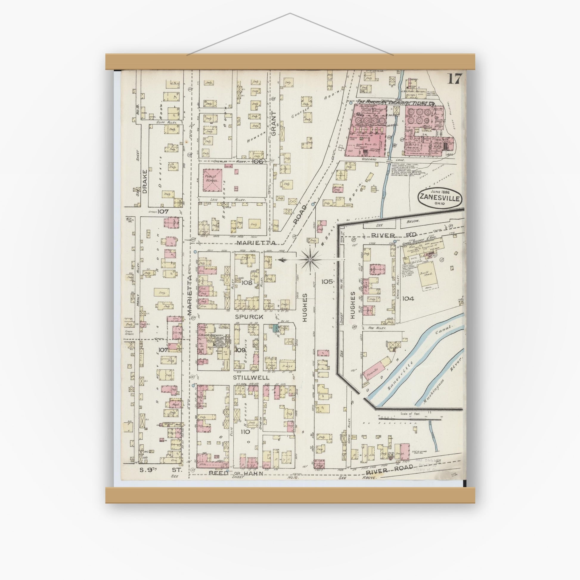 Old map wall art mockup — magnetic wood frame on white wall — Sanborn Fire Insurance Map from Zanesville, Muskingum County, Ohio (1886), Sheet #0017