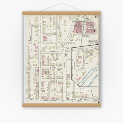 Old map wall art mockup — magnetic wood frame on white wall — Sanborn Fire Insurance Map from Zanesville, Muskingum County, Ohio (1886), Sheet #0017