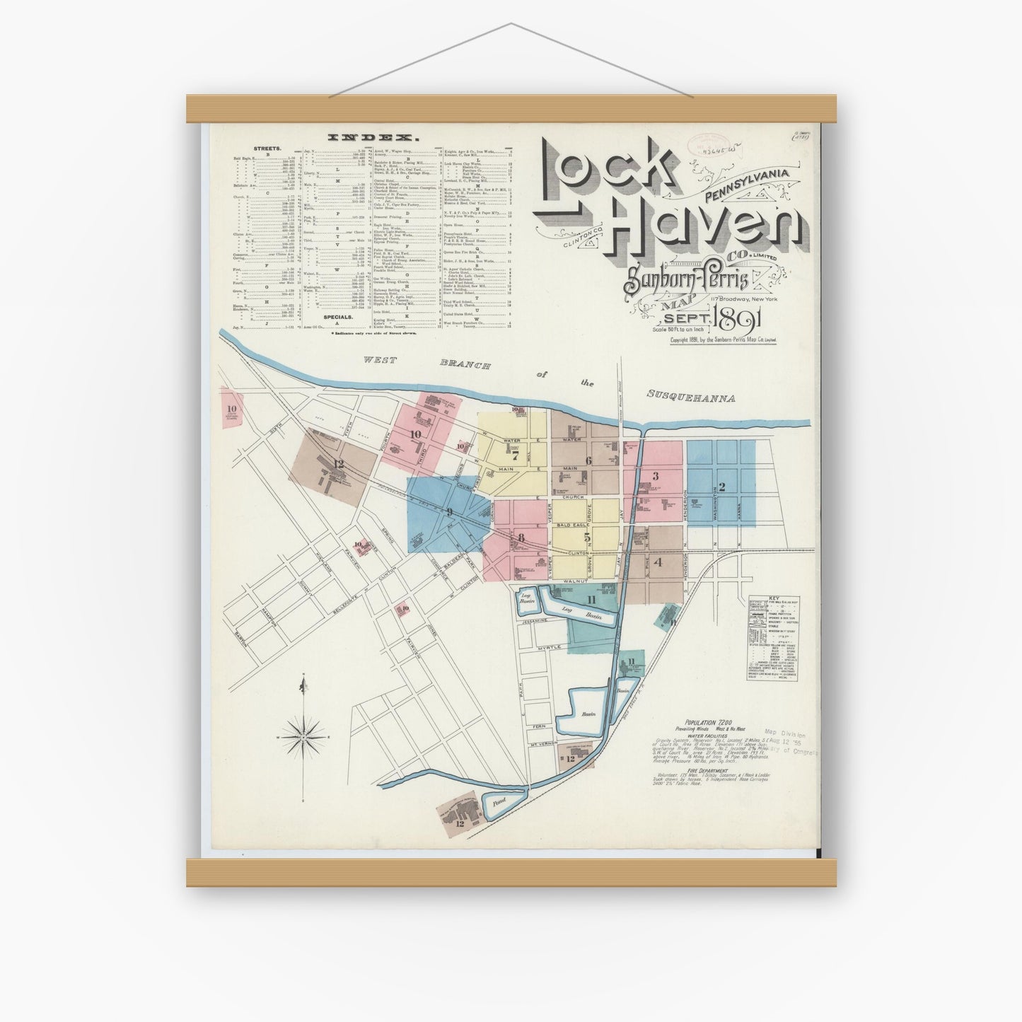 Old map wall art mockup — magnetic wood frame on white wall — Sanborn Fire Insurance Map from Lock Haven, Clinton County, Pennsylvania (1891) - Complete Map Set