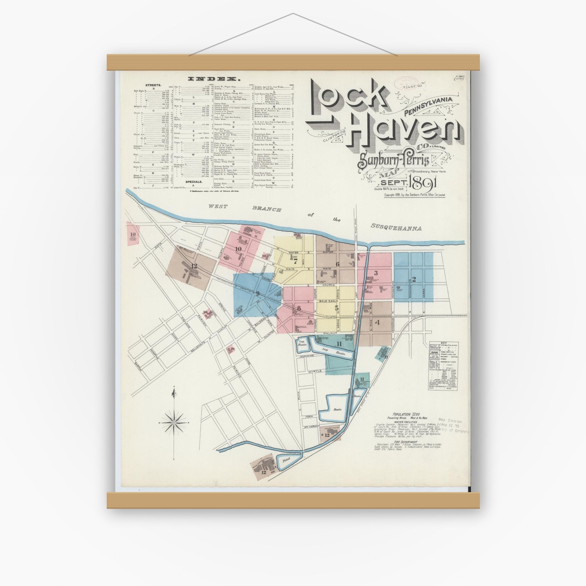 Old map wall art mockup — magnetic wood frame on white wall — Sanborn Fire Insurance Map from Lock Haven, Clinton County, Pennsylvania (1891) - Complete Map Set