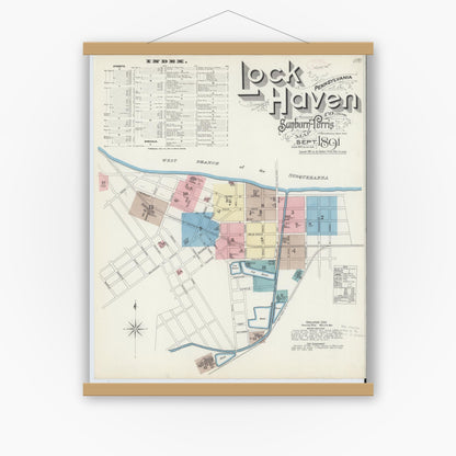 Old map wall art mockup — magnetic wood frame on white wall — Sanborn Fire Insurance Map from Lock Haven, Clinton County, Pennsylvania (1891) - Complete Map Set