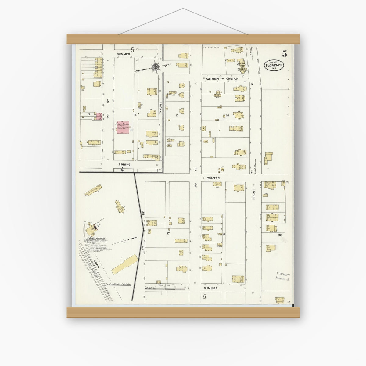Old map wall art mockup — magnetic wood frame on white wall — Sanborn Fire Insurance Map from Florence, Burlington County, New Jersey (1910), Sheet #0005