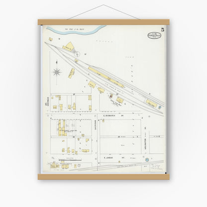 Old map wall art mockup — magnetic wood frame on white wall — Sanborn Fire Insurance Map from Fergus Falls, Otter Tail County, Minnesota (1896), Sheet #0005