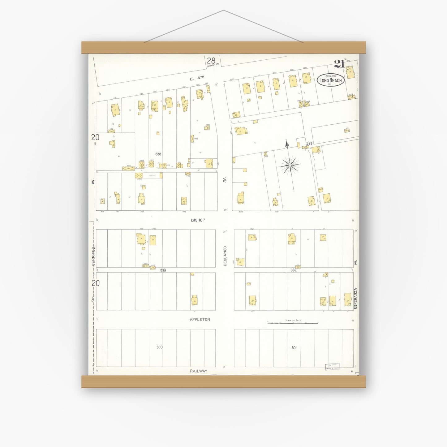 Old map wall art mockup — magnetic wood frame on white wall — Sanborn Fire Insurance Map from Long Beach, Los Angeles County, California (1905), Sheet #0021