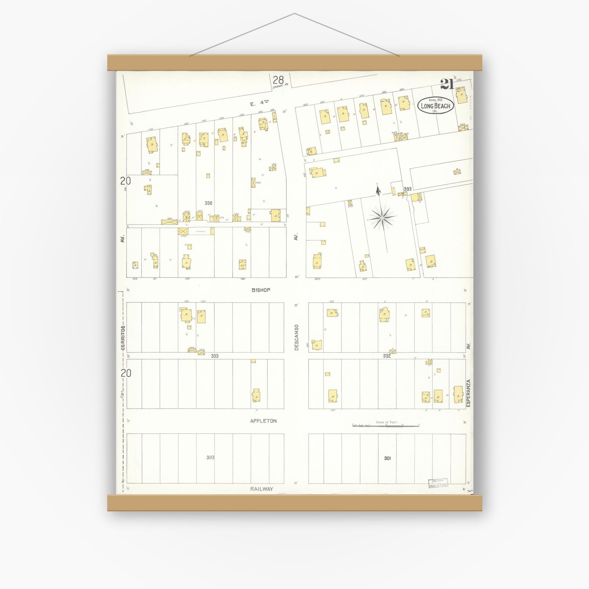 Old map wall art mockup — magnetic wood frame on white wall — Sanborn Fire Insurance Map from Long Beach, Los Angeles County, California (1905), Sheet #0021