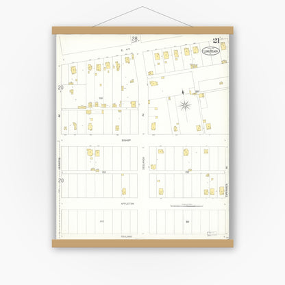 Old map wall art mockup — magnetic wood frame on white wall — Sanborn Fire Insurance Map from Long Beach, Los Angeles County, California (1905), Sheet #0021