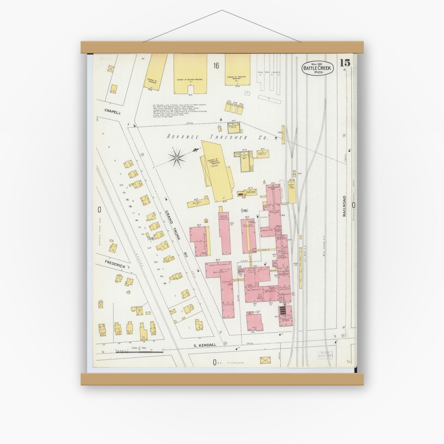 Old map wall art mockup — magnetic wood frame on white wall — Sanborn Fire Insurance Map from Battle Creek, Calhoun County, Michigan (1899), Sheet #0015