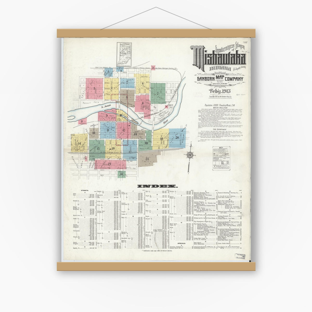Old map wall art mockup — magnetic wood frame on white wall — Sanborn Fire Insurance Map from Mishawaka, Saint Joseph County, Indiana (1913) - Complete Map Set