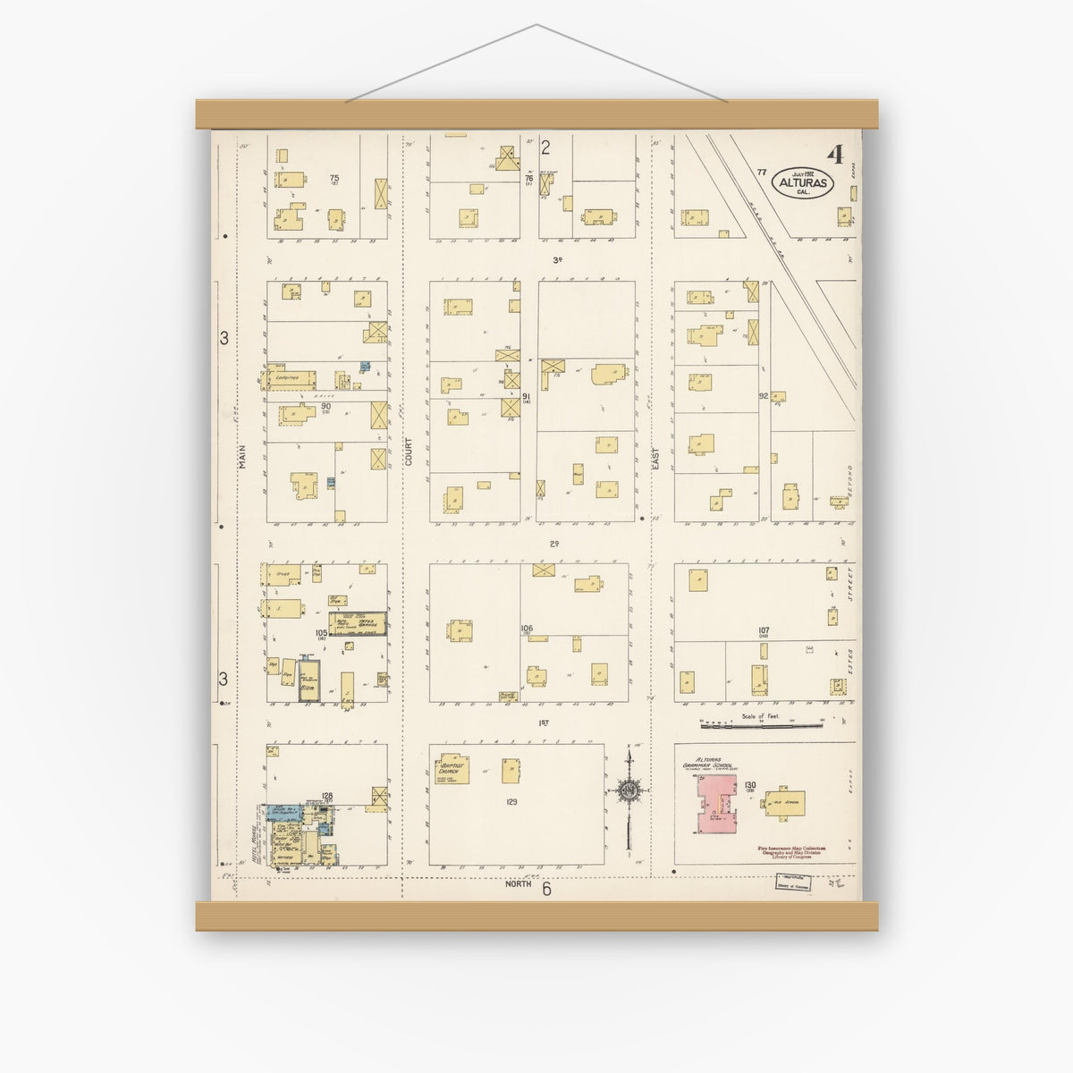 Old map wall art mockup — magnetic wood frame on white wall — Sanborn Fire Insurance Map from Alturas, Modoc County, California (1912), Sheet #0004