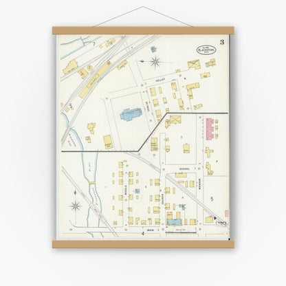 Old map wall art mockup — magnetic wood frame on white wall — Sanborn Fire Insurance Map from Blackstone, Worcester County, Massachusetts (1898), Sheet #0003