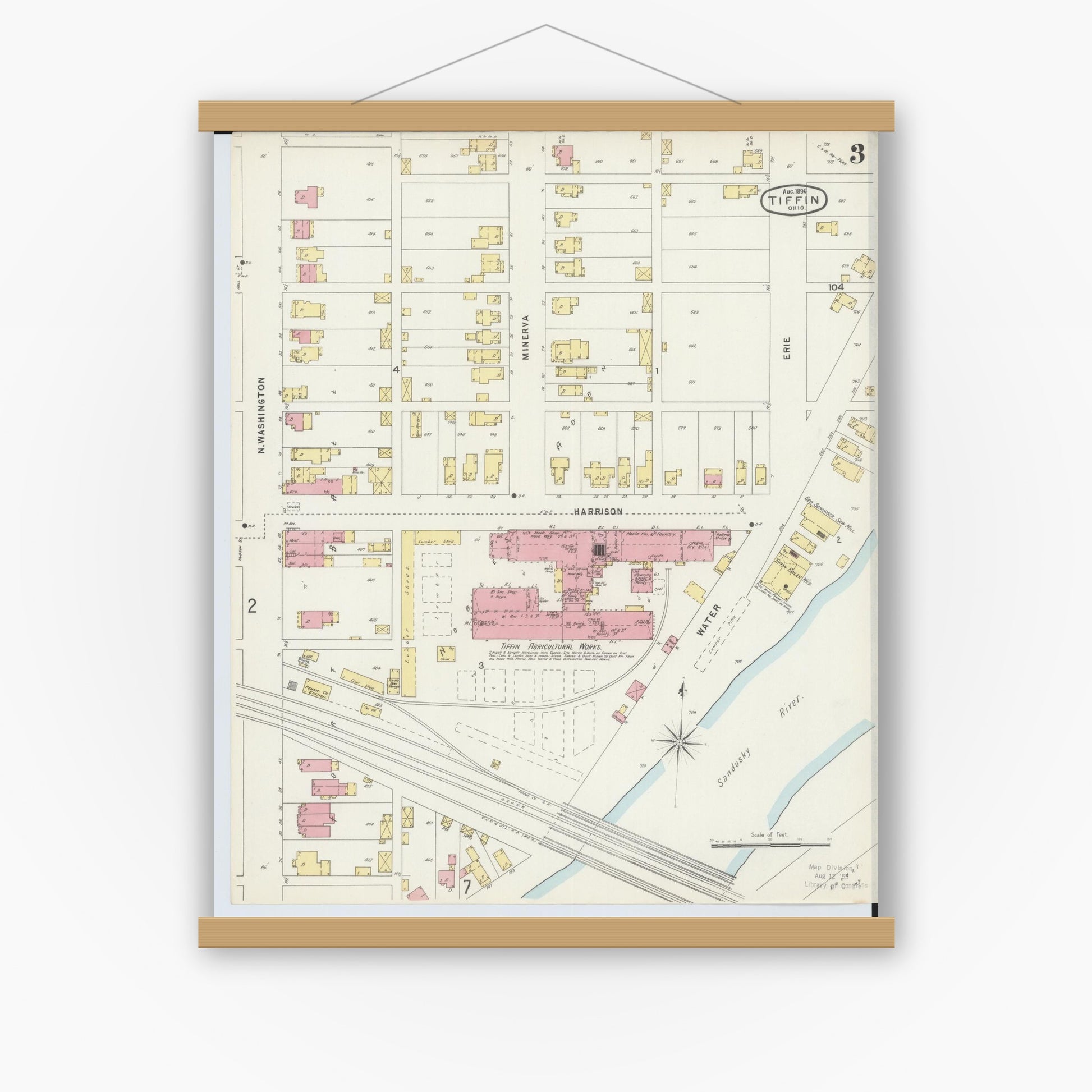 Old map wall art mockup — magnetic wood frame on white wall — Sanborn Fire Insurance Map from Tiffin, Seneca County, Ohio (1896), Sheet #0003