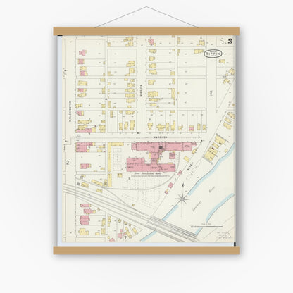 Old map wall art mockup — magnetic wood frame on white wall — Sanborn Fire Insurance Map from Tiffin, Seneca County, Ohio (1896), Sheet #0003