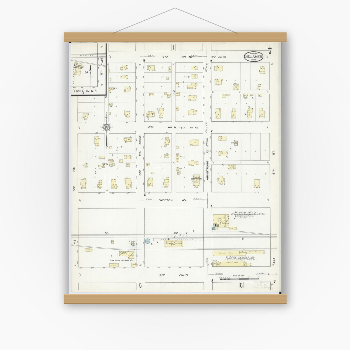 Old map wall art mockup — magnetic wood frame on white wall — Sanborn Fire Insurance Map from Saint James, Watonwan County, Minnesota (1914), Sheet #0007