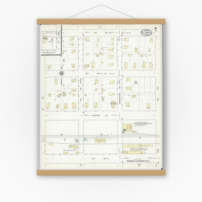Old map wall art mockup — magnetic wood frame on white wall — Sanborn Fire Insurance Map from Saint James, Watonwan County, Minnesota (1914), Sheet #0007