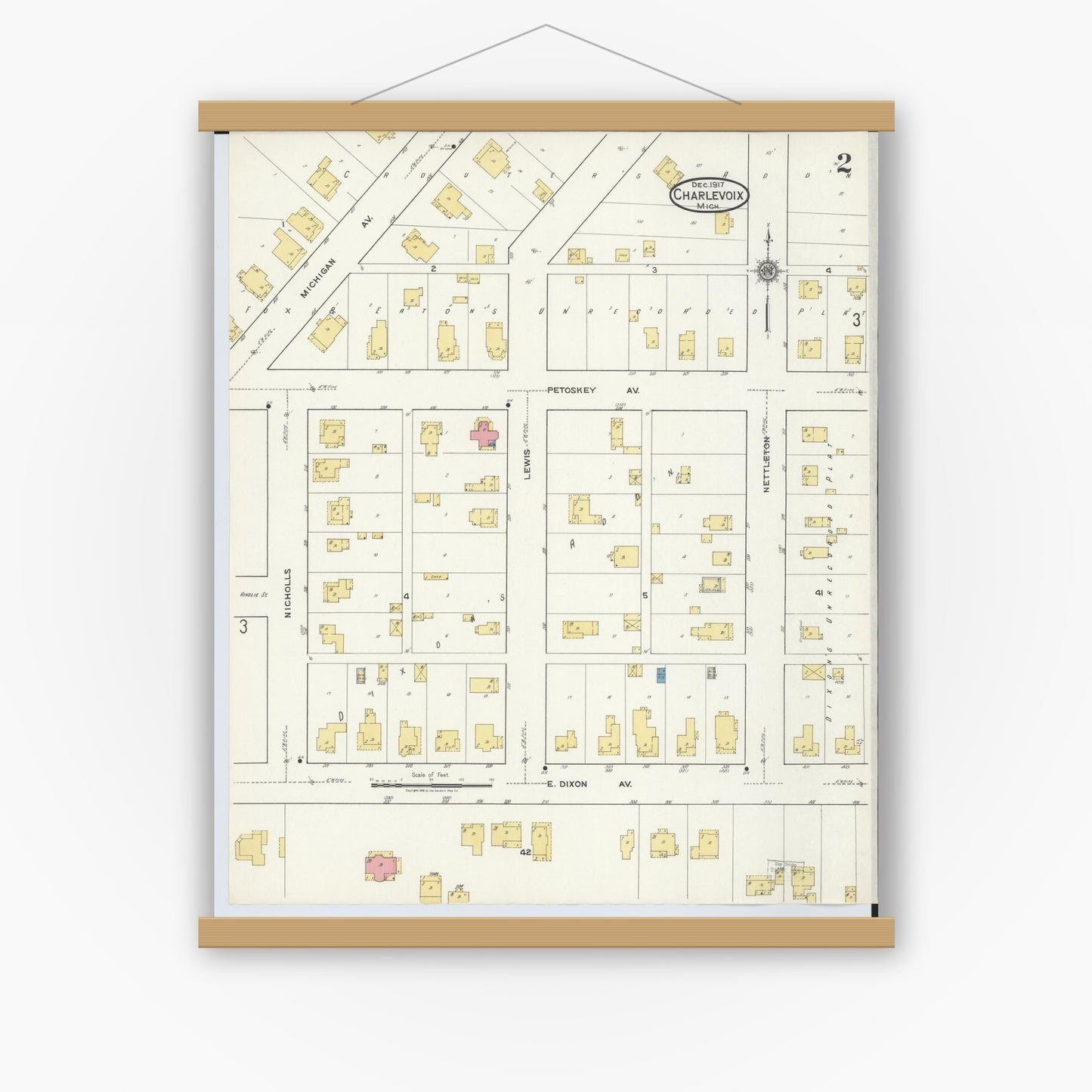 Old map wall art mockup — magnetic wood frame on white wall — Sanborn Fire Insurance Map from Charlevoix, Charlevoix County, Michigan (1917), Sheet #0002