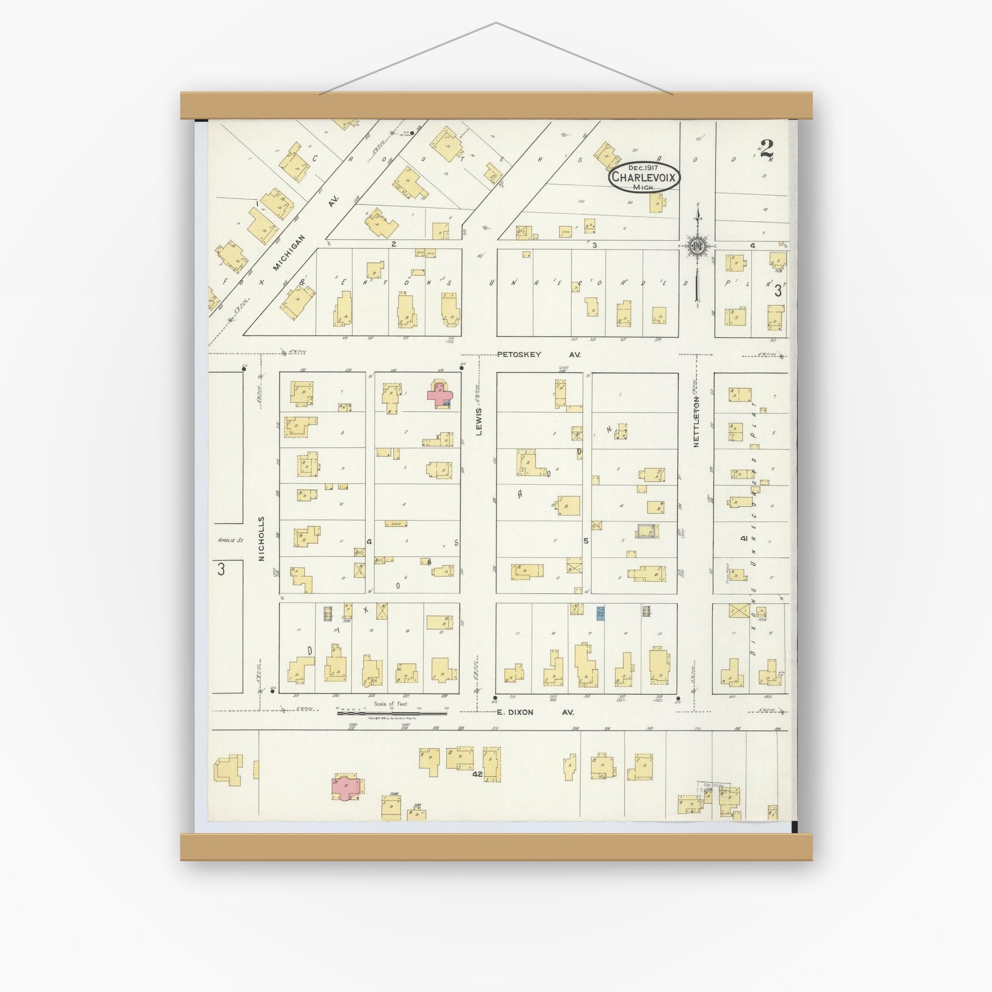 Old map wall art mockup — magnetic wood frame on white wall — Sanborn Fire Insurance Map from Charlevoix, Charlevoix County, Michigan (1917), Sheet #0002