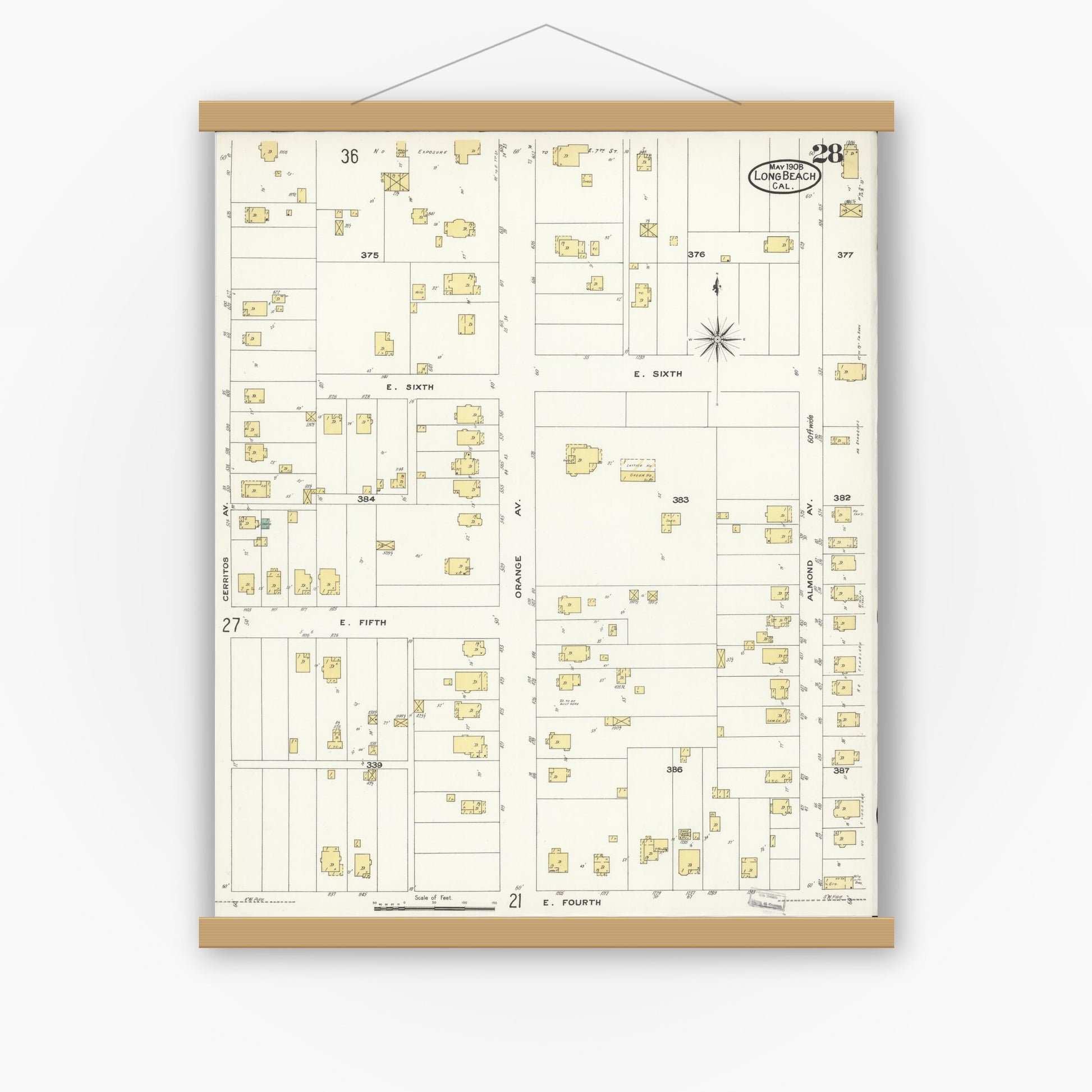 Old map wall art mockup — magnetic wood frame on white wall — Sanborn Fire Insurance Map from Long Beach, Los Angeles County, California (1908), Sheet #0028