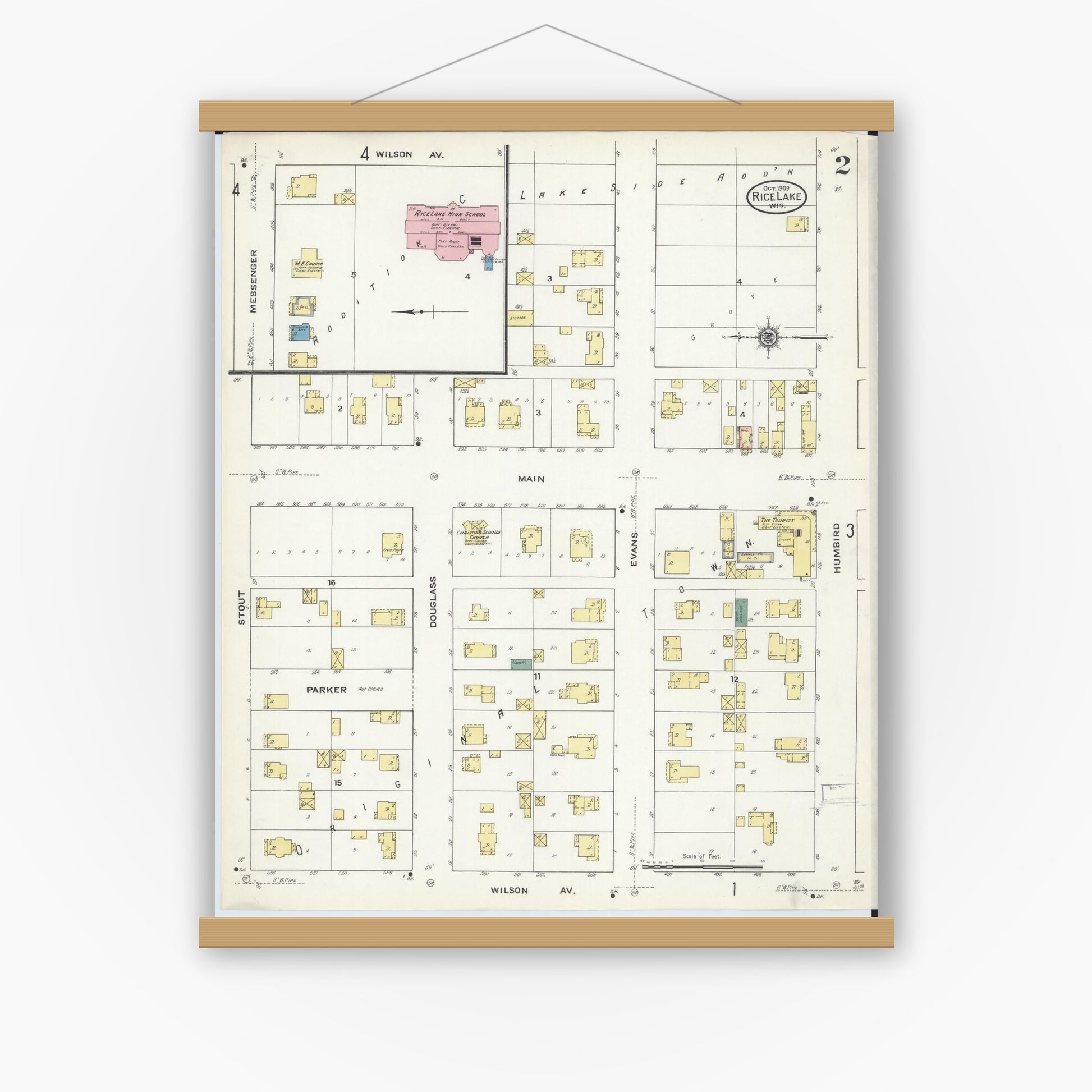 Old map wall art mockup — magnetic wood frame on white wall — Sanborn Fire Insurance Map from Rice Lake, Barron County, Wisconsin (1909), Sheet #0002
