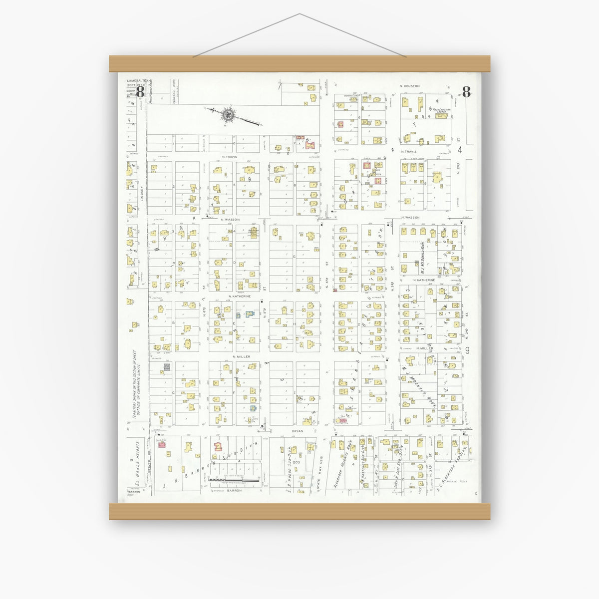 Old map wall art mockup — magnetic wood frame on white wall — Sanborn Fire Insurance Map from Lamesa, Dawson County, Texas (1939), Sheet #0008