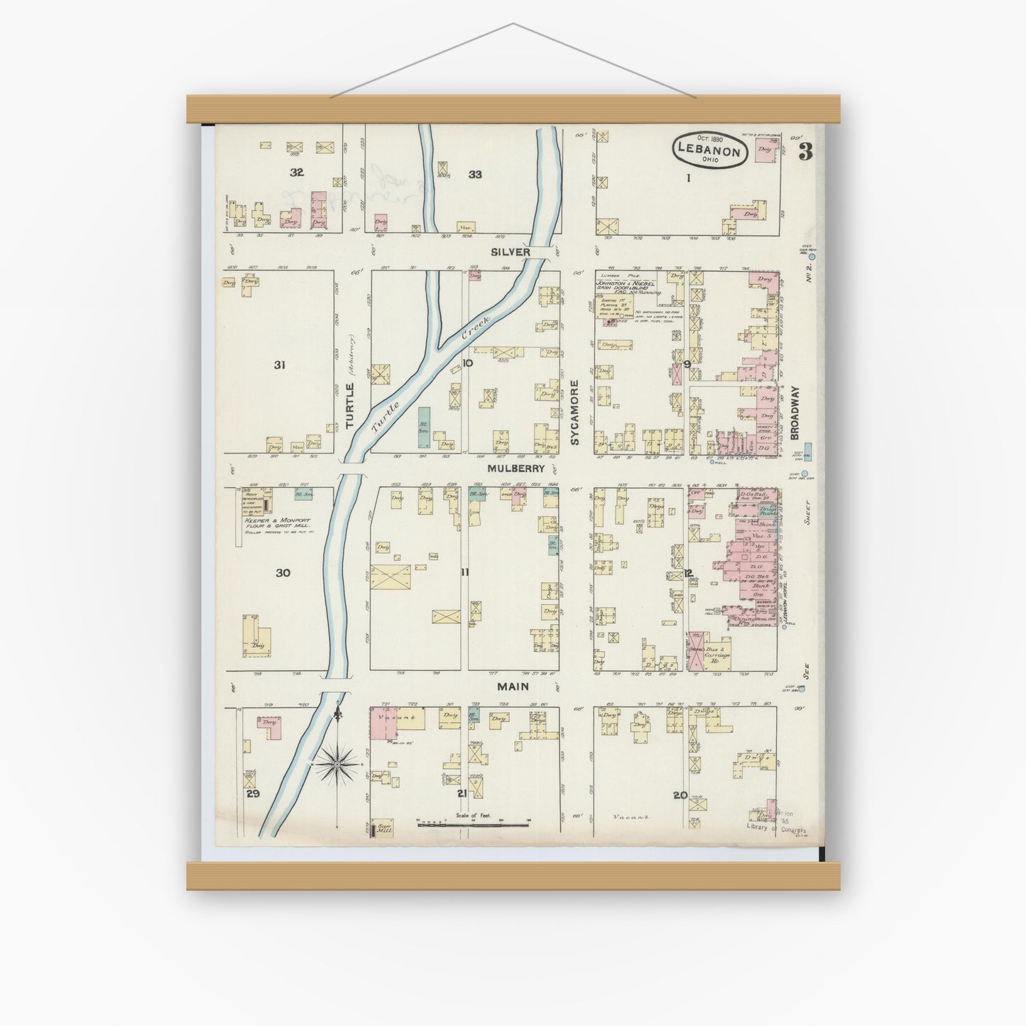 Old map wall art mockup — magnetic wood frame on white wall — Sanborn Fire Insurance Map from Lebanon, Warren County, Ohio (1890), Sheet #0003